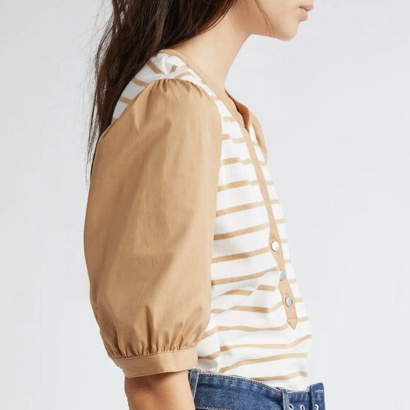 Veronica Beard Tan and White Striped Short Sleeve Top S - Picture 3 of 9